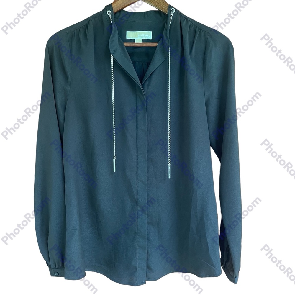 Michael Kors Women’s Small Sheer Black, Long Sleeve Button Up Shirt Chain Accent